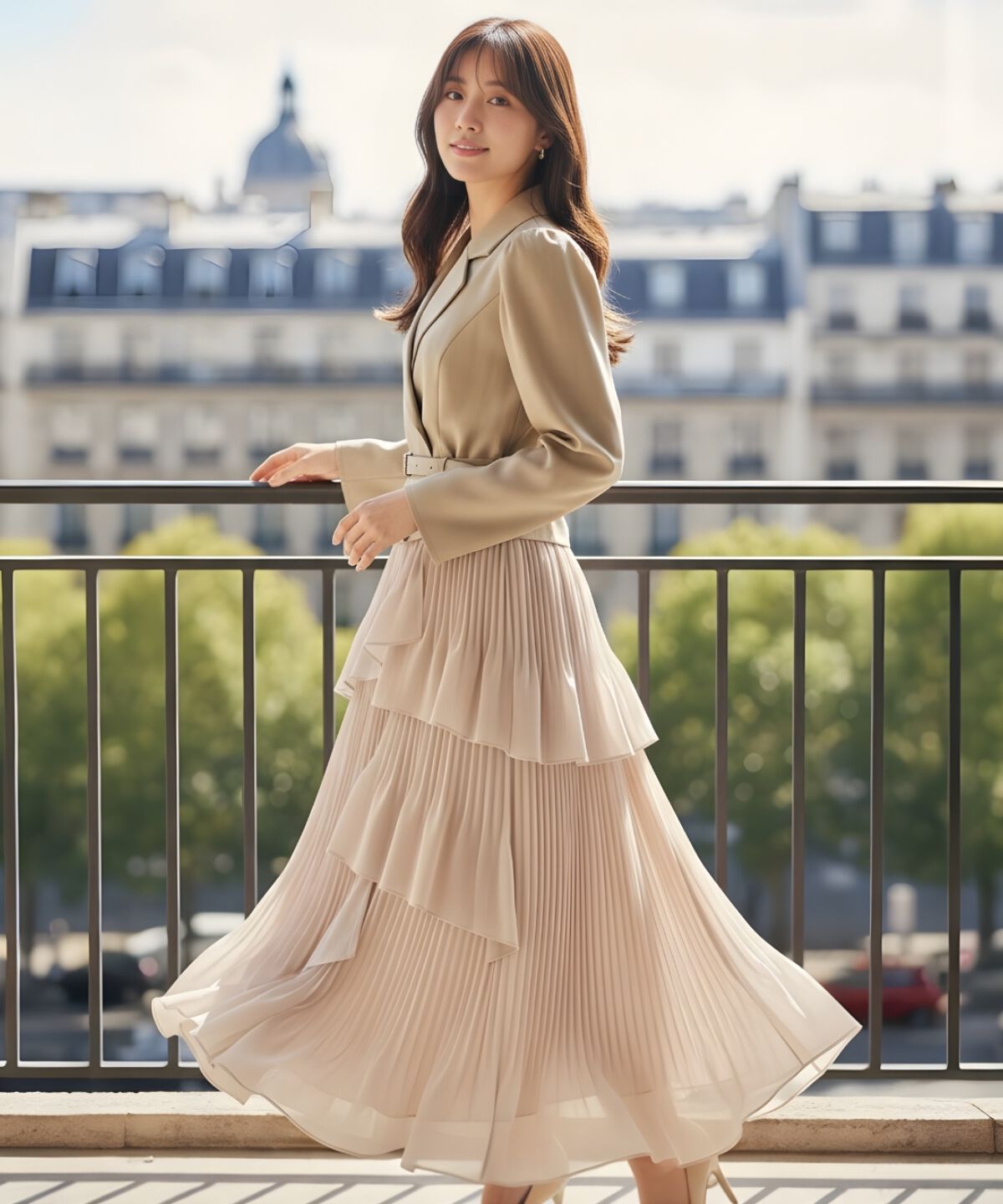 アンドクチュール「ジャケットレイヤードプリーツワンピース」|ワンピース|ベージュ