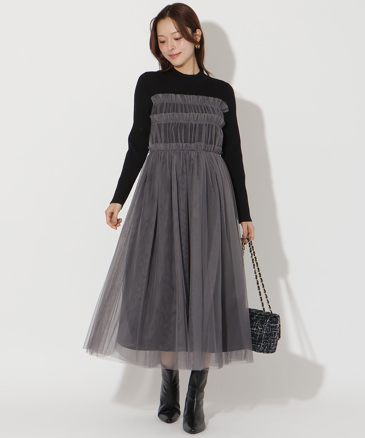 アンドクチュール「チュールギャザードッキングワンピース」|ワンピース|ブラック