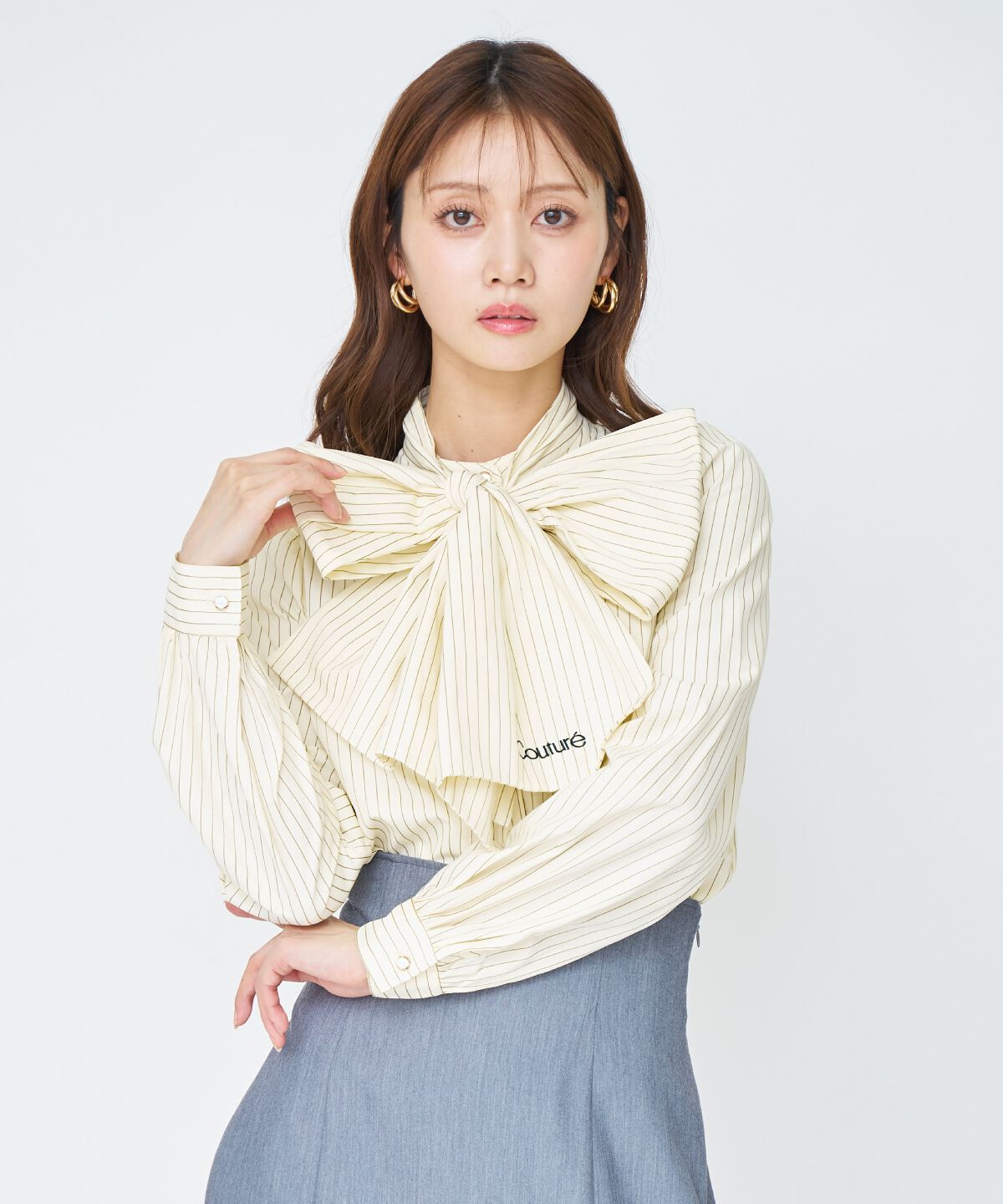 アンドクチュール「バタフライリボンストライプブラウス」|シャツ・ブラウス|yellowborderｽﾄﾗｲﾌﾟ
