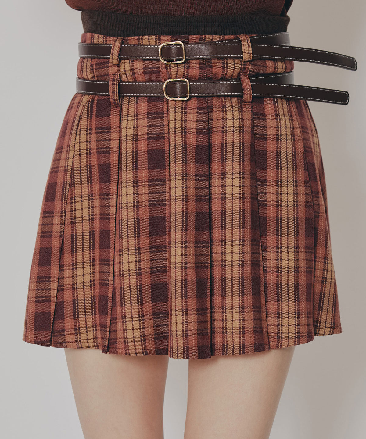 REDYAZEL「ダブルベルトチェックプリーツミニスカート」|フレア|赤系チェック