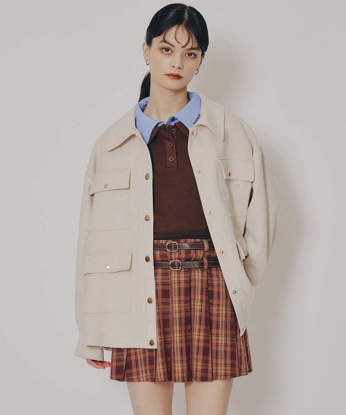 REDYAZEL「ダブルベルトチェックプリーツミニスカート」|フレア|