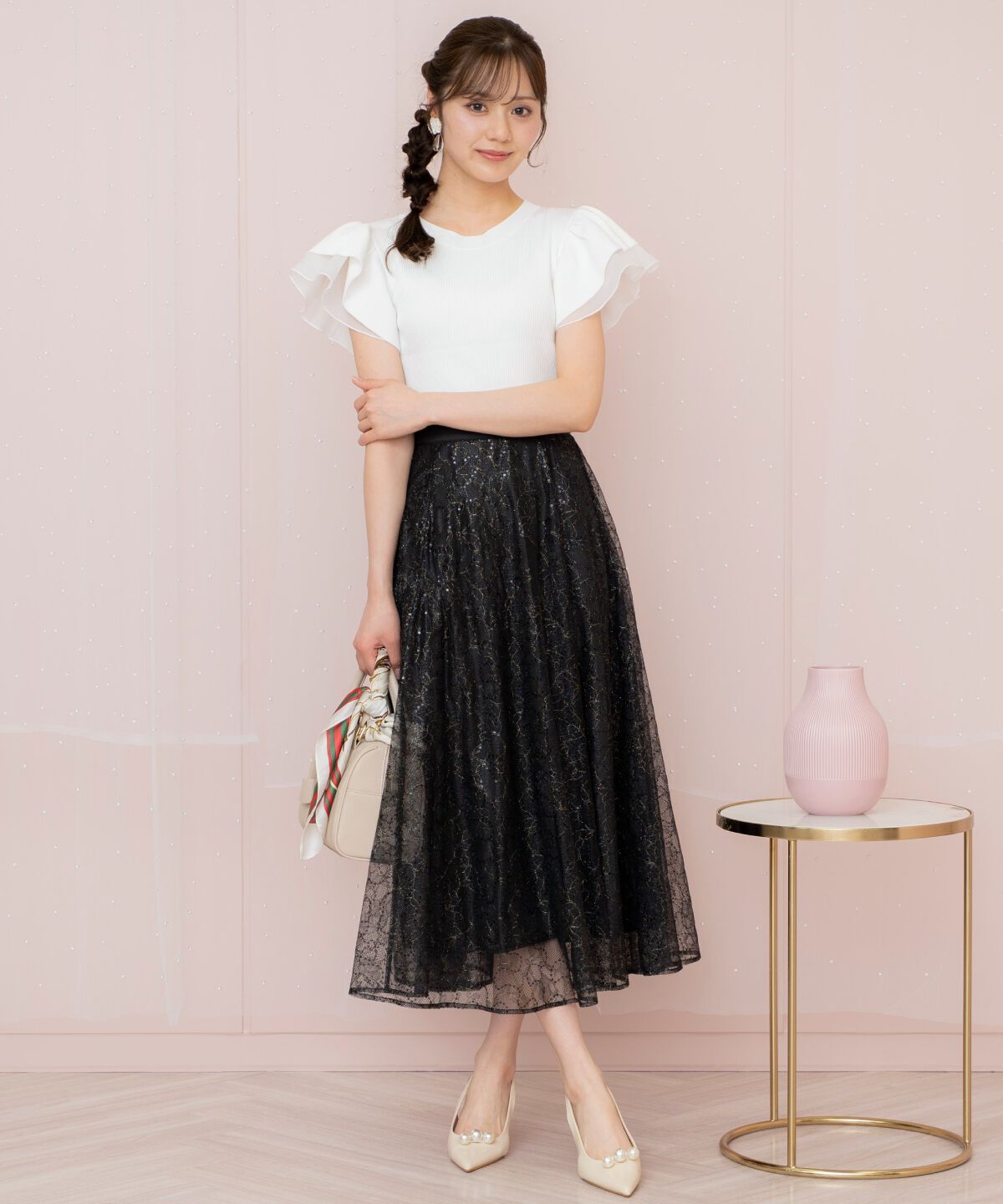 WILLSELECTION「スパンコール付きチュールスカート」|フレア|ブラック