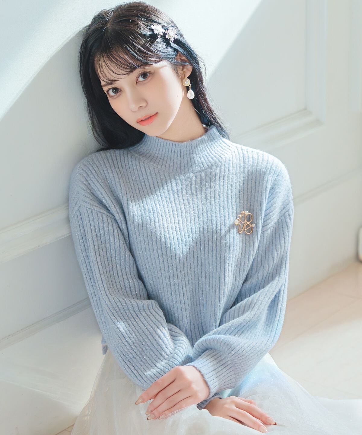 WILLSELECTION「ブローチ付きクロップドラメニット」|ニット・セーター|サックス