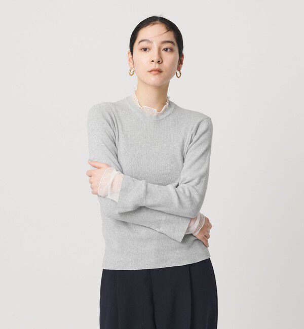 BEAUTY&YOUTH UNITED ARROWS「【WEB限定 Wardrobe DAILY MINIMAL】レースコンビ リブニットプルオーバー ウォッシャブル」|ニット・セーター|LT.GRAY
