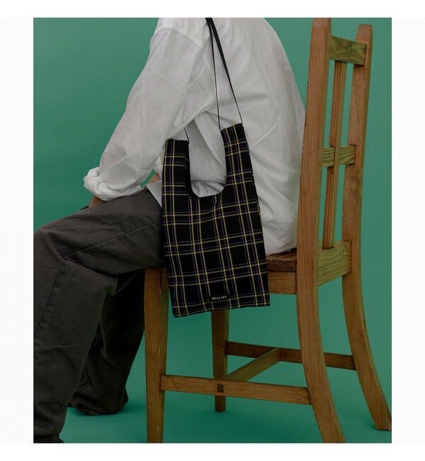 BEAMS「チェック ショッパー S」|ポーチ|GRAY&times;YELLOW