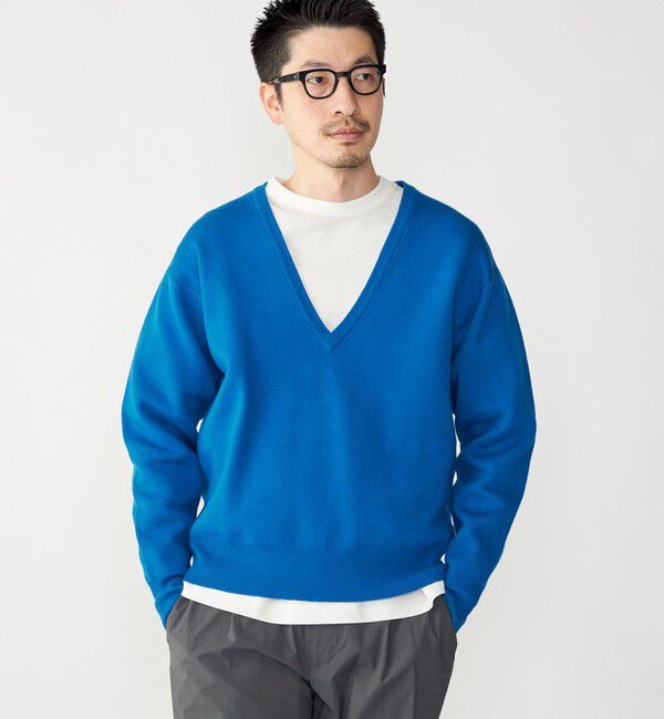 SHIPS「SHIPS: ダブルフェイス コットンカシミヤ Vネック 長袖 ニット」|ニット・セーター|ブルー