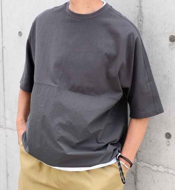 SHIPS any「SHIPS any: コットン / ナイロン コンビ スケアスリーブ スピンドル ワイド Tシャツ◇」|Tシャツ・カットソー|ダークグレー