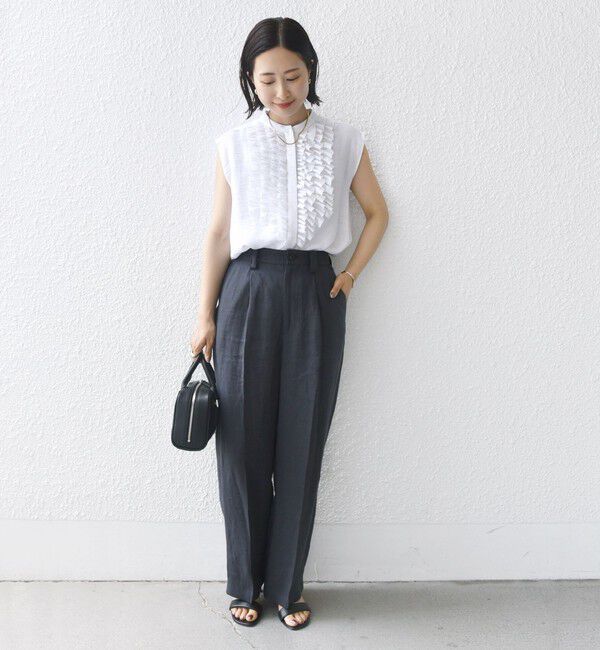 SHIPS for women「〈手洗い可能〉麻混 フロント フリル フレンチスリーブ ブラウス」|シャツ・ブラウス|