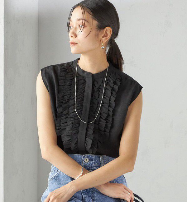 SHIPS for women「〈手洗い可能〉麻混 フロント フリル フレンチスリーブ ブラウス」|シャツ・ブラウス|