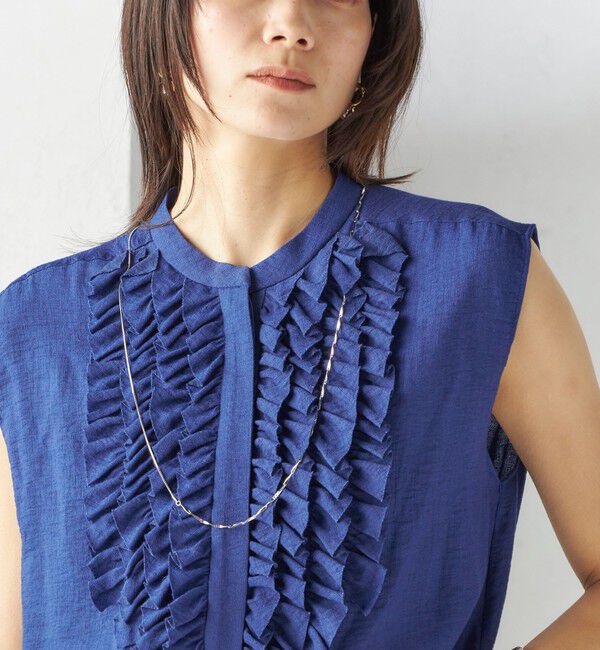 SHIPS for women「〈手洗い可能〉麻混 フロント フリル フレンチスリーブ ブラウス」|シャツ・ブラウス|ブルー系