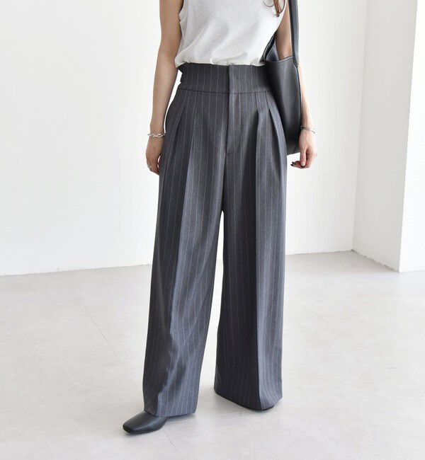 quaranciel「quaranciel:〈洗濯機可能〉ストライプ ハイウエスト ワイドパンツ」|その他|チャコールグレー