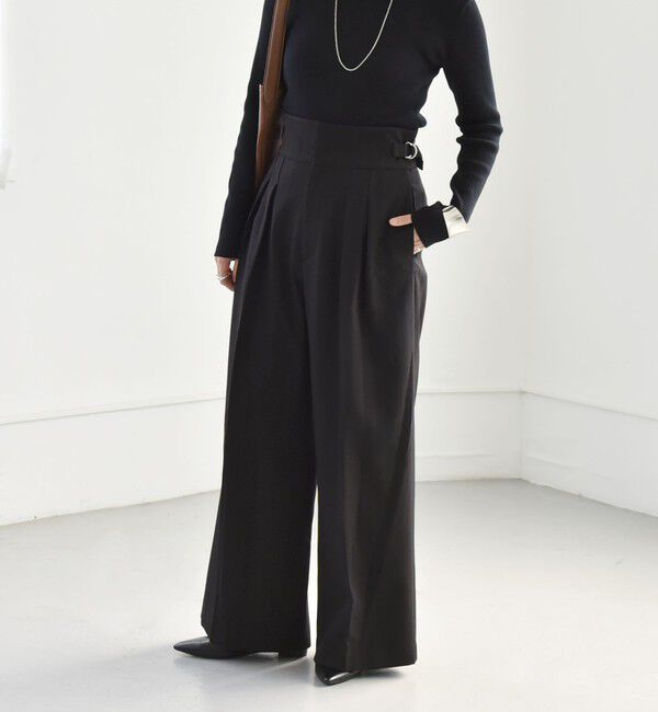 quaranciel「quaranciel:〈洗濯機可能〉ストライプ ハイウエスト ワイドパンツ」|その他|ブラック