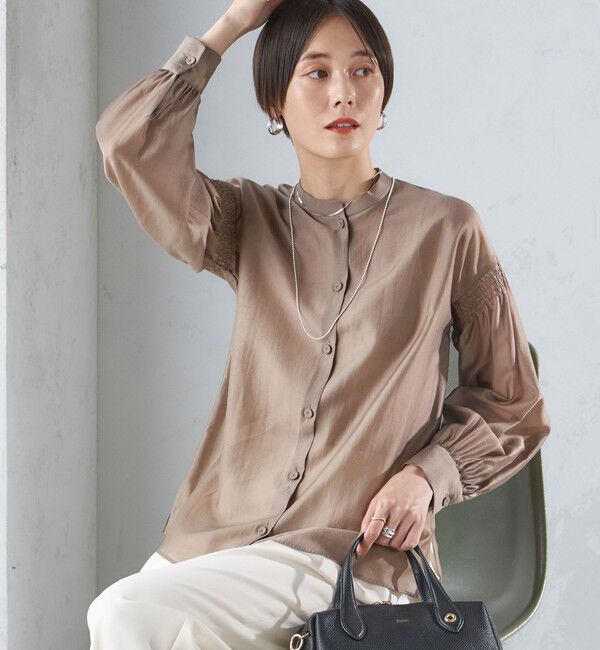 SHIPS for women「〈手洗い可能〉バンドカラー 袖 シャーリング ブラウス」|シャツ・ブラウス|ライトブラウン