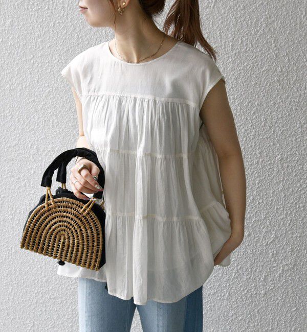 SHIPS any「SHIPS any:〈手洗い可能〉箔 ティアード レースアップ フレンチスリーブ ブラウス」|シャツ・ブラウス|