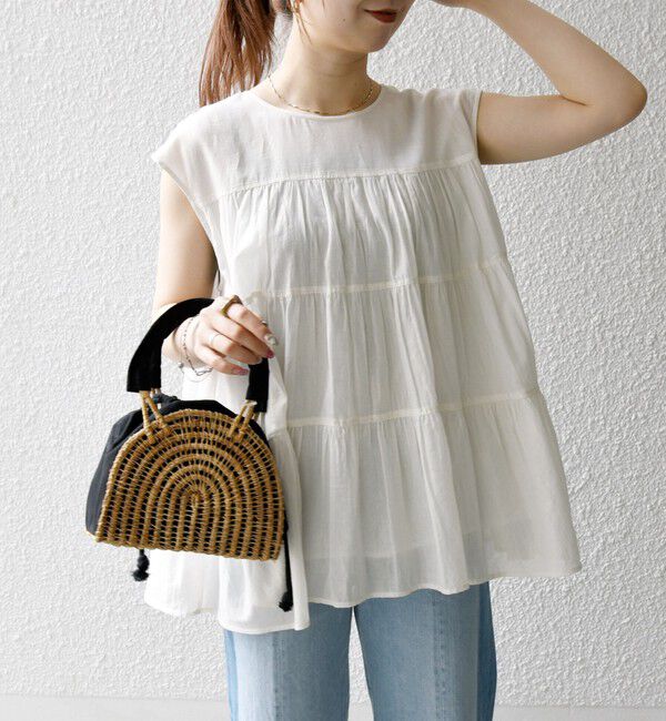 SHIPS any「SHIPS any:〈手洗い可能〉箔 ティアード レースアップ フレンチスリーブ ブラウス」|シャツ・ブラウス|