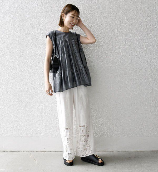 SHIPS any「SHIPS any:〈手洗い可能〉箔 ティアード レースアップ フレンチスリーブ ブラウス」|シャツ・ブラウス|