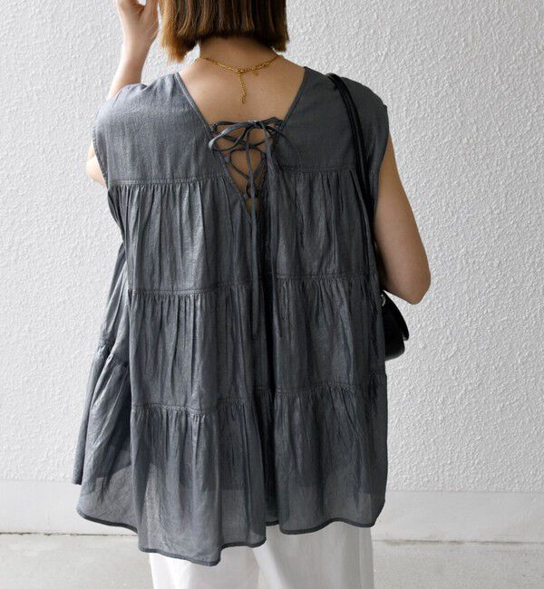 SHIPS any「SHIPS any:〈手洗い可能〉箔 ティアード レースアップ フレンチスリーブ ブラウス」|シャツ・ブラウス|