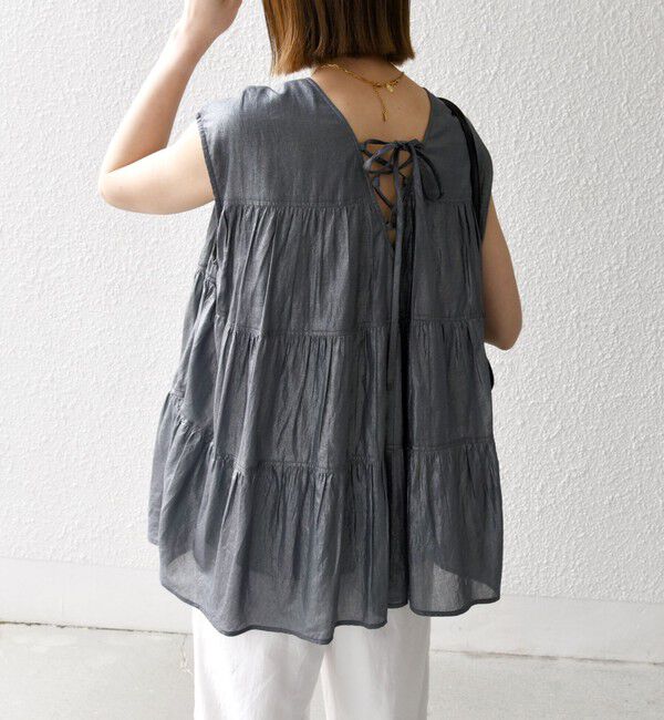 SHIPS any「SHIPS any:〈手洗い可能〉箔 ティアード レースアップ フレンチスリーブ ブラウス」|シャツ・ブラウス|