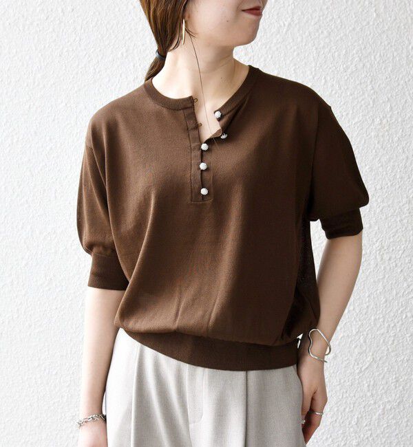 SHIPS any「《一部予約》SHIPS any:〈接触冷感/手洗い可能〉ビジュー ヘンリーネック ニット プルオーバー」|ニット・セーター|ブラウン