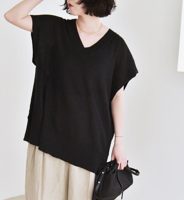 quaranciel「quaranciel:〈手洗い可能〉ラミー ミックス Vネック ノースリーブ シアー ニット」|ニット・セーター|