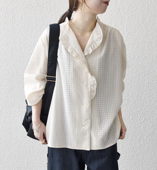 SHIPS any「《一部追加予約》SHIPS any:〈洗濯機可能〉フリルカラー スタンド & オープン シャツ ブラウス」|シャツ・ブラウス|