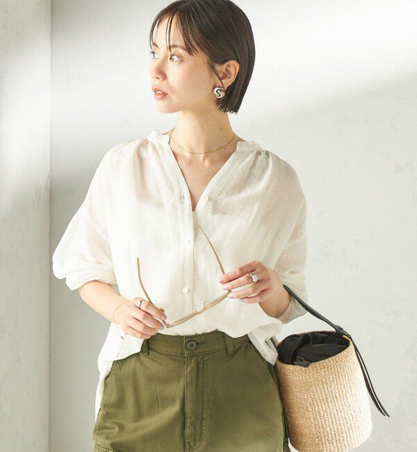SHIPS for women「《一部追加予約》〈手洗い可能〉IMPERIAL LINEN 混 バンドカラー スキッパー シャツ」|シャツ・ブラウス|