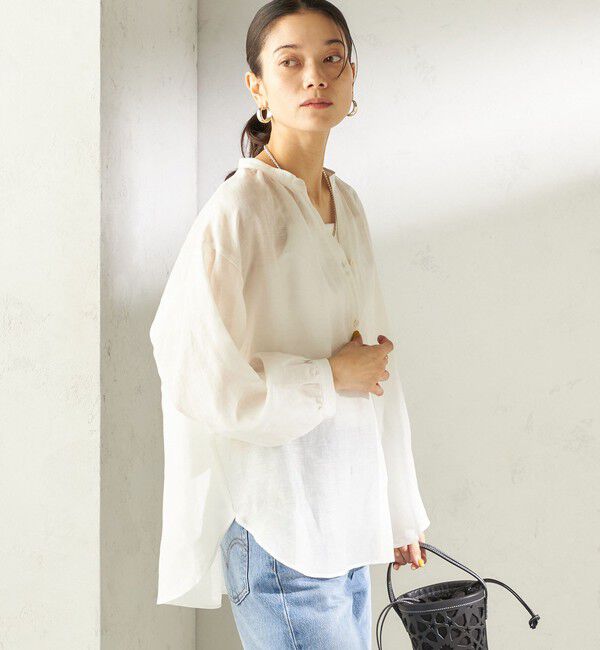 SHIPS for women「《一部追加予約》〈手洗い可能〉IMPERIAL LINEN 混 バンドカラー スキッパー シャツ」|シャツ・ブラウス|