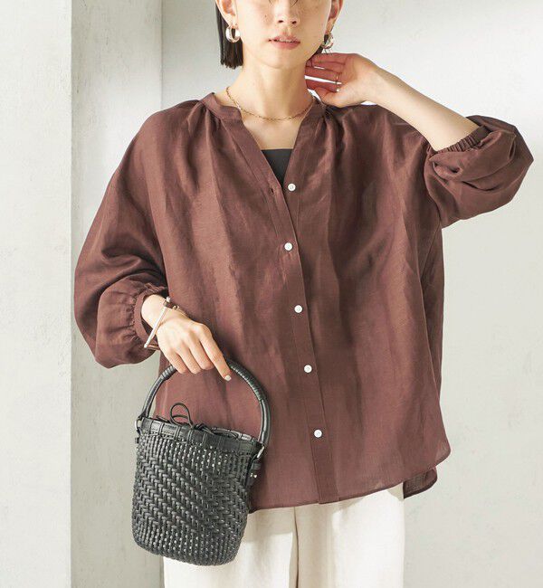 SHIPS for women「《一部追加予約》〈手洗い可能〉IMPERIAL LINEN 混 バンドカラー スキッパー シャツ」|シャツ・ブラウス|ブラウン