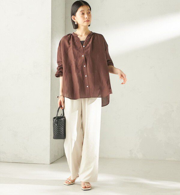 SHIPS for women「《一部追加予約》〈手洗い可能〉IMPERIAL LINEN 混 バンドカラー スキッパー シャツ」|シャツ・ブラウス|