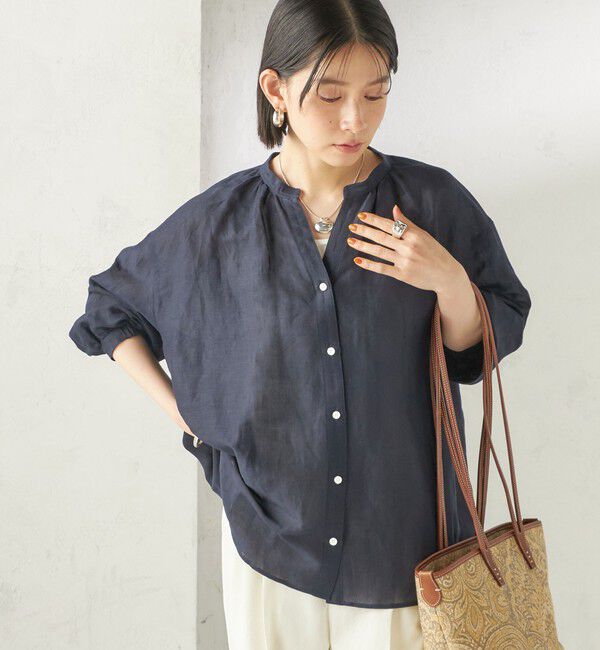 SHIPS for women「《一部追加予約》〈手洗い可能〉IMPERIAL LINEN 混 バンドカラー スキッパー シャツ」|シャツ・ブラウス|ネイビー