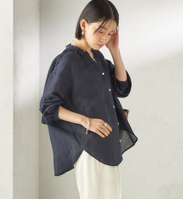 SHIPS for women「《一部追加予約》〈手洗い可能〉IMPERIAL LINEN 混 バンドカラー スキッパー シャツ」|シャツ・ブラウス|