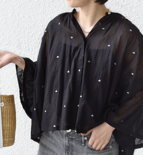 SHIPS for women「《予約》〈手洗い可能〉コットン オーガンジー リーフ 刺繍 羽織 ブラウス」|シャツ・ブラウス|ブラック