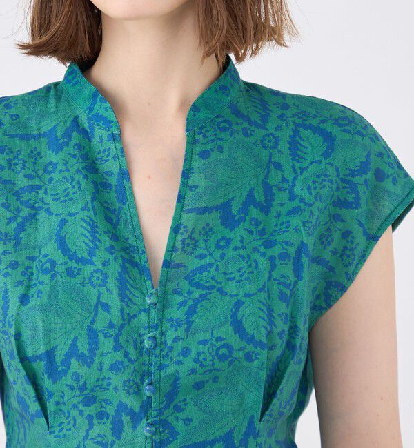 SOULEIADO「リネンプリント キーネックタックブラウス」|シャツ・ブラウス|