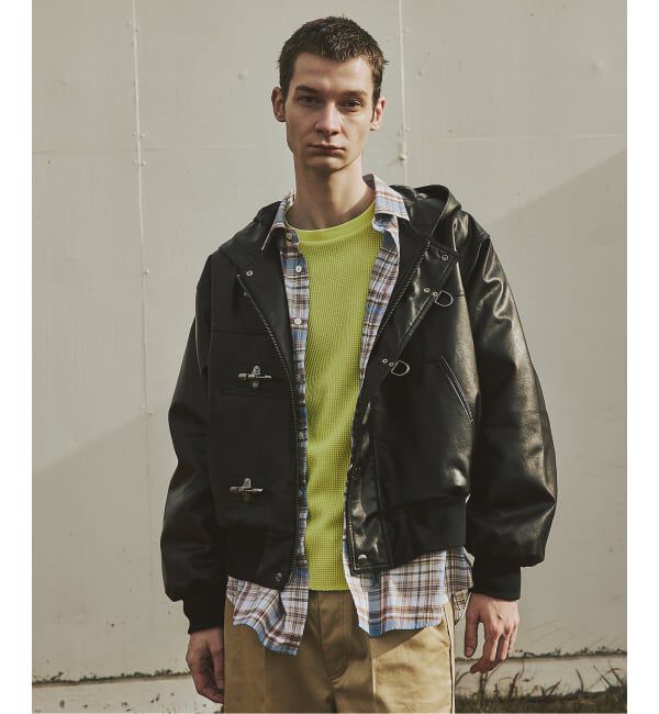 JOURNAL STANDARD「フェイクレザー ファイヤーマン フード ジャケット」|ライダースジャケット|ブラック