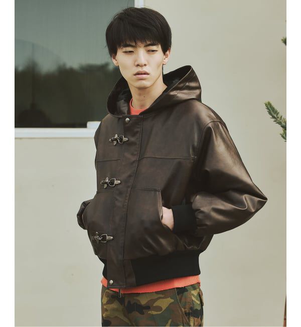 JOURNAL STANDARD「フェイクレザー ファイヤーマン フード ジャケット」|ライダースジャケット|