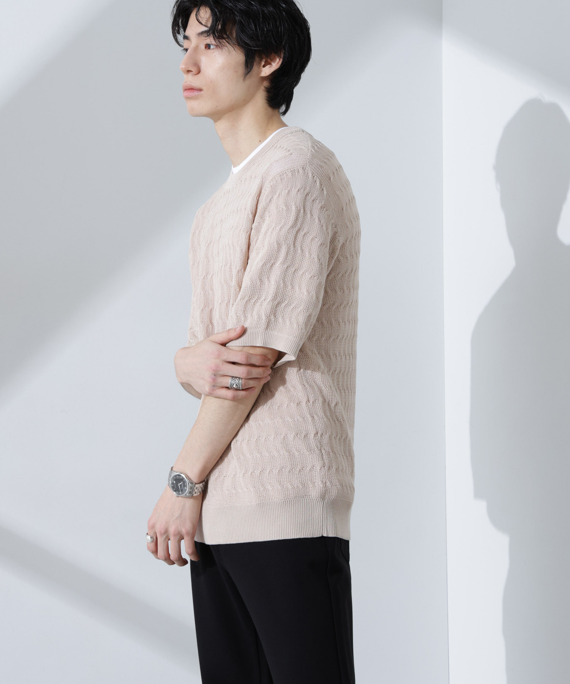 nano･universe「柄編みクルーネックニット 半袖」|ニット・セーター|