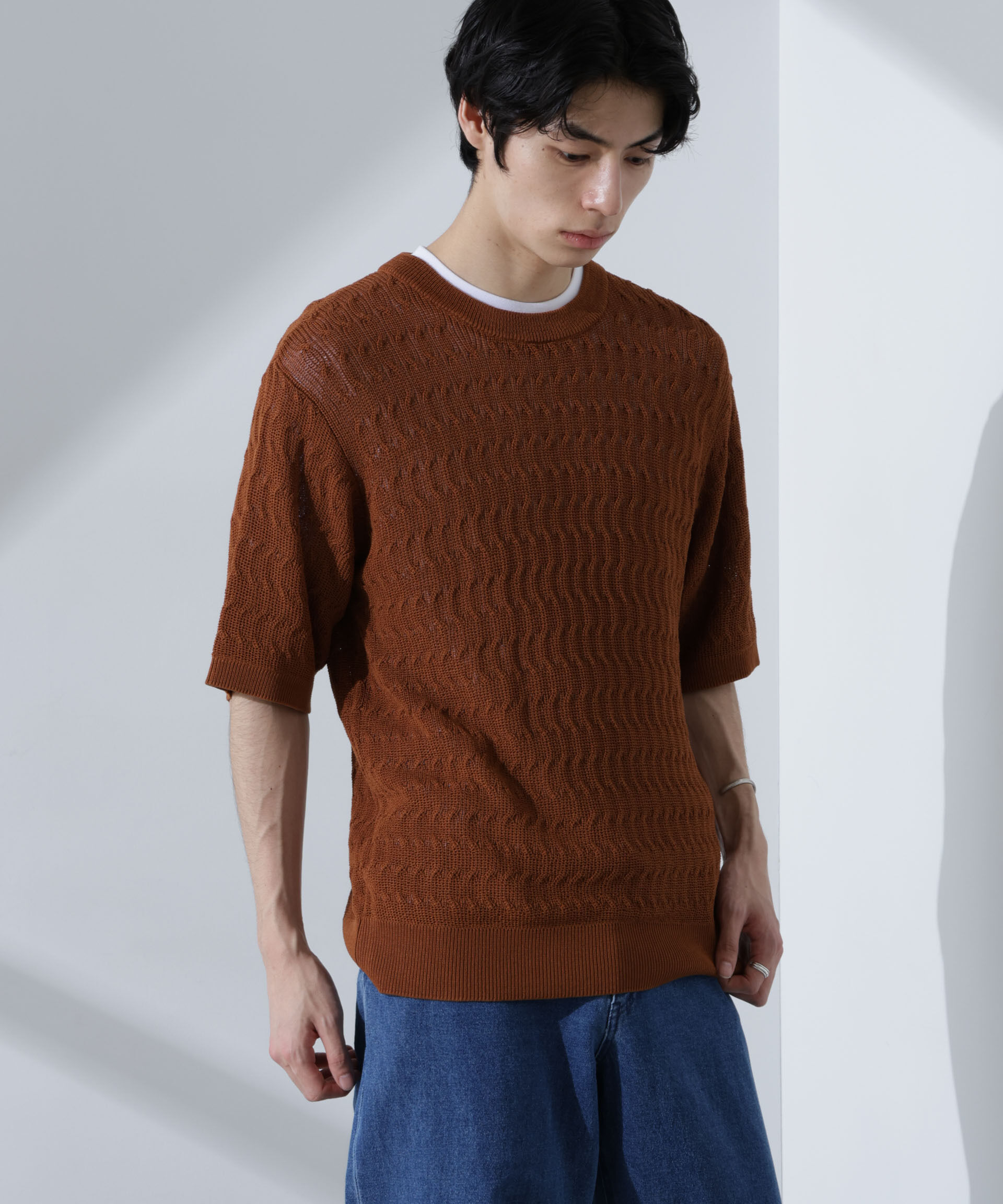 nano･universe「柄編みクルーネックニット 半袖」|ニット・セーター|