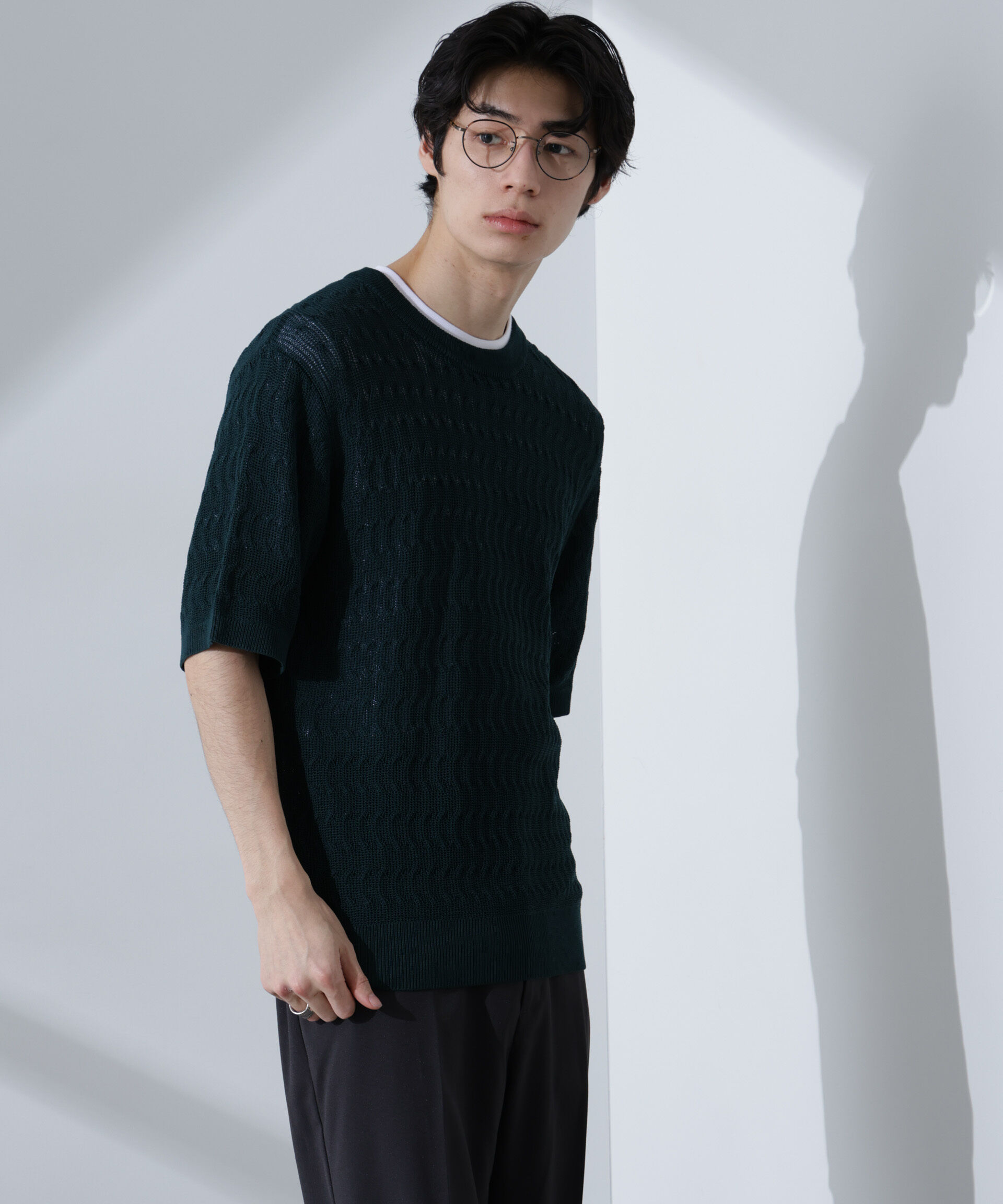nano･universe「柄編みクルーネックニット 半袖」|ニット・セーター|D.グリーン1