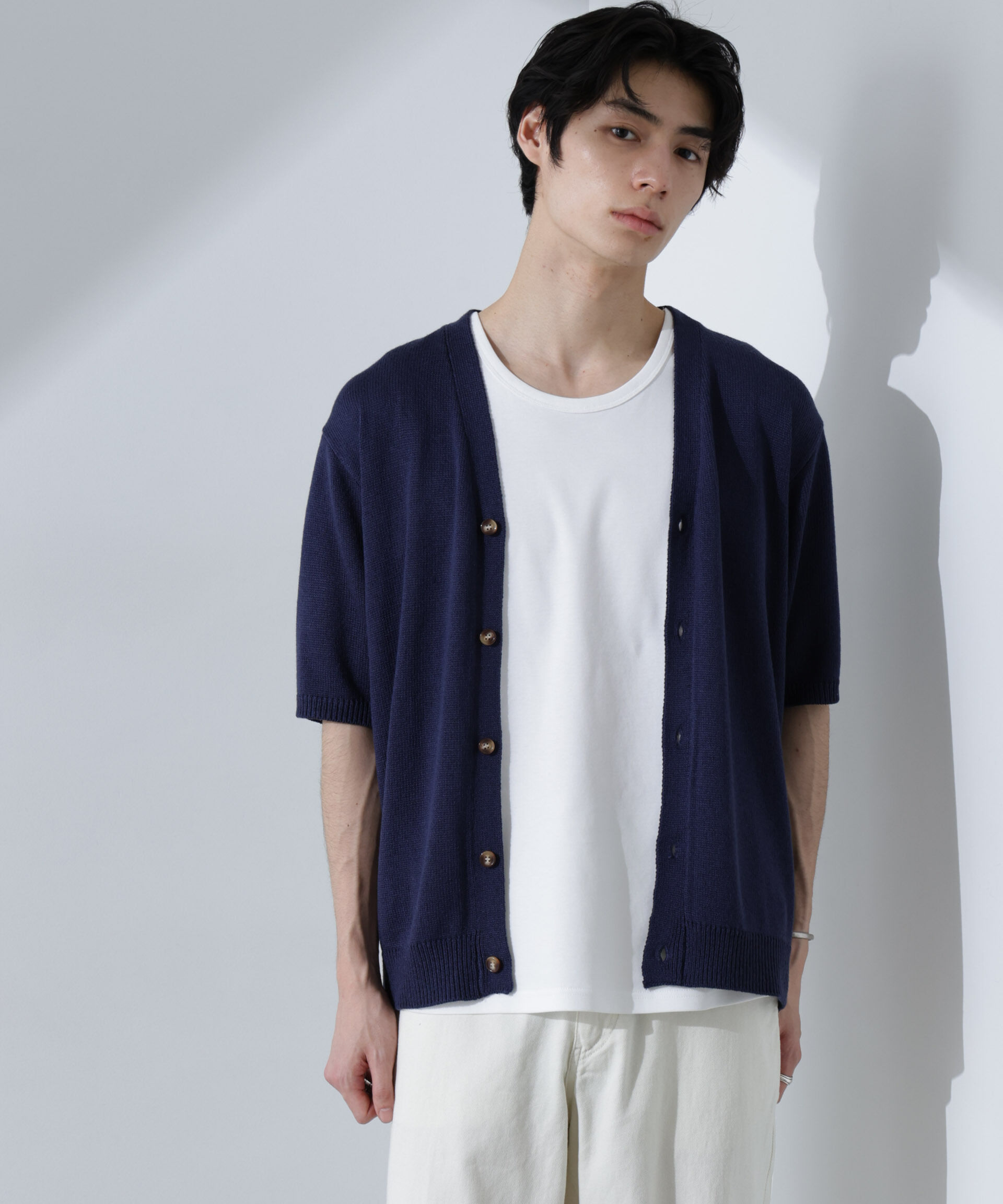 nano･universe「コットンライクニットカーディガン 半袖」|ニット・セーター|ネイビー