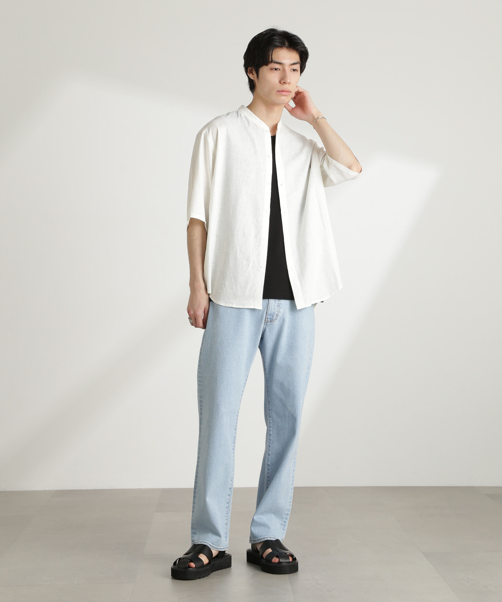 nano･universe「アンチスメルリネン バンドカラーシャツ 半袖」|シャツ・ブラウス|