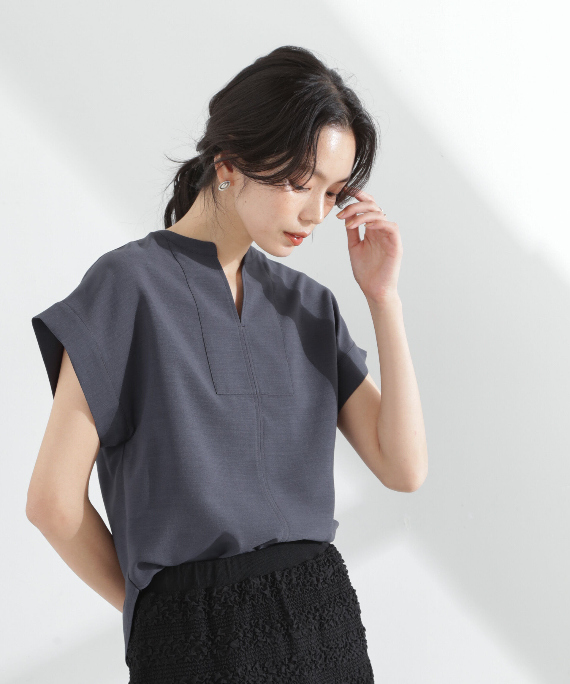 nano･universe「メランジドライ スキッパータックブラウス(セットアップ可)」|シャツ・ブラウス|