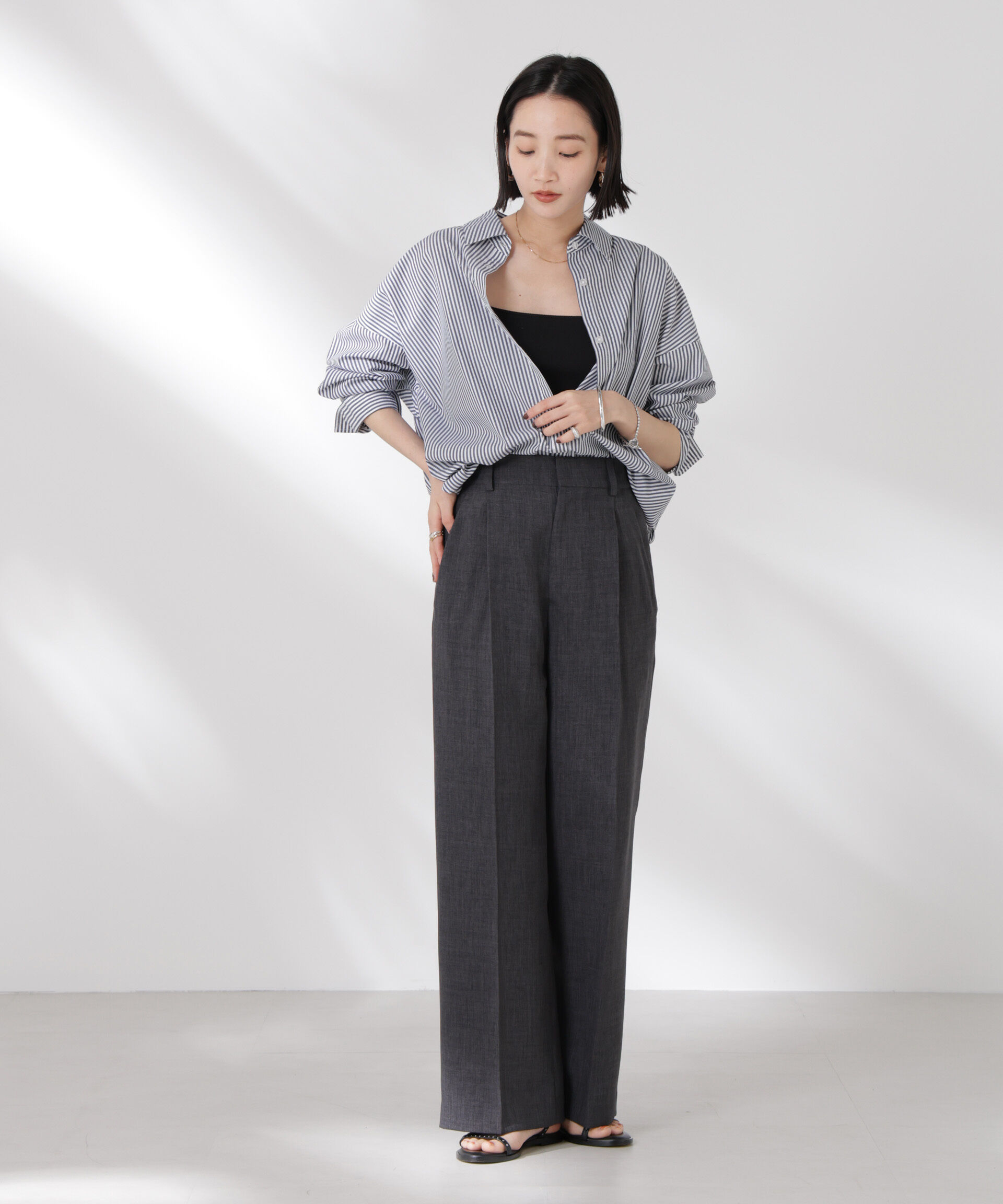 nano･universe「リネンライクセンタープレスタックパンツ(セットアップ可)」|チノ|