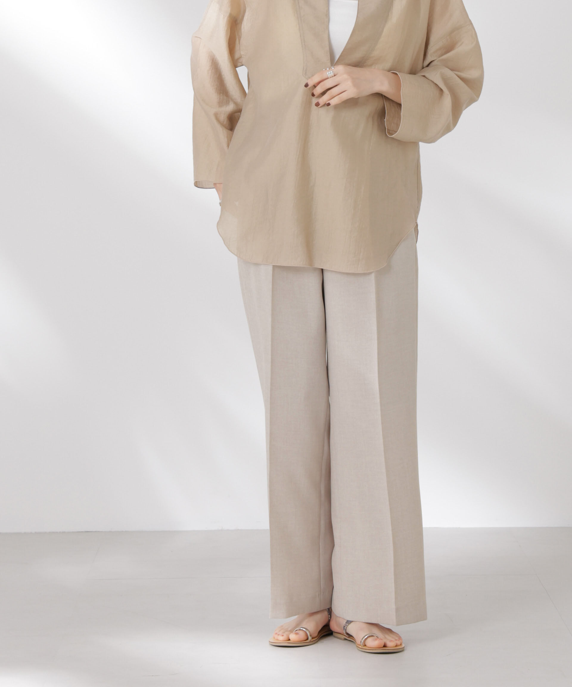 nano･universe「リネンライクセンタープレスタックパンツ(セットアップ可)」|チノ|