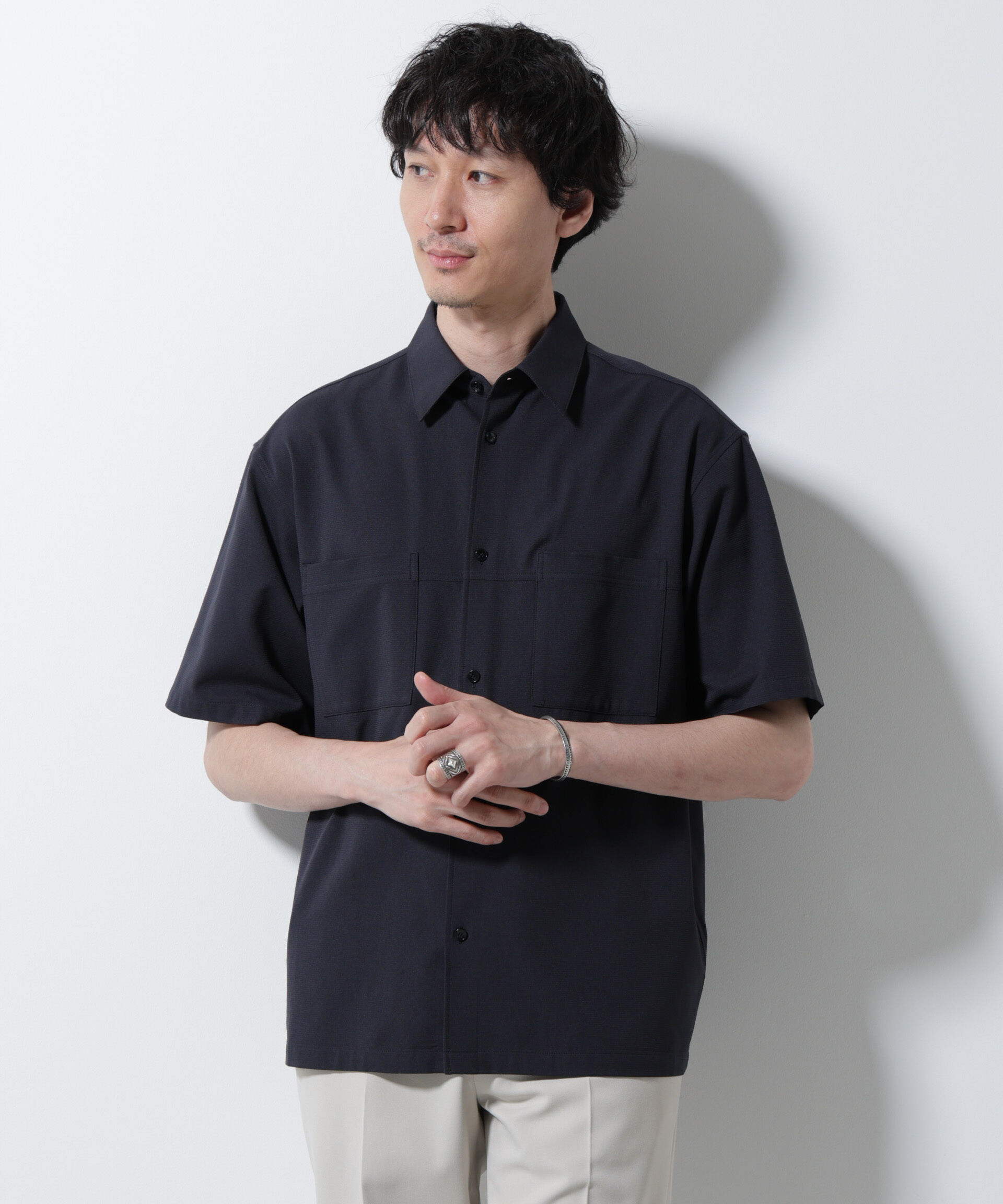 nano･universe「DotAir(R)ミニホールストレッチシャツ半袖/吸水速乾(セットアップ可)」|シャツ・ブラウス|D.ネイビー1