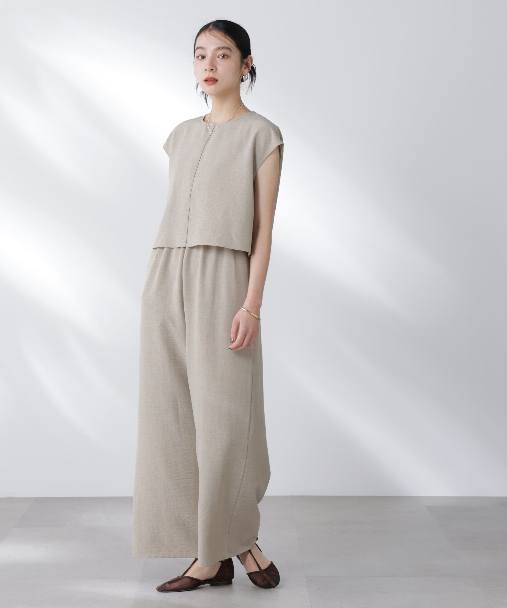 nano･universe「フレンチスリーブオールインワン」|ワンピース|ベージュ