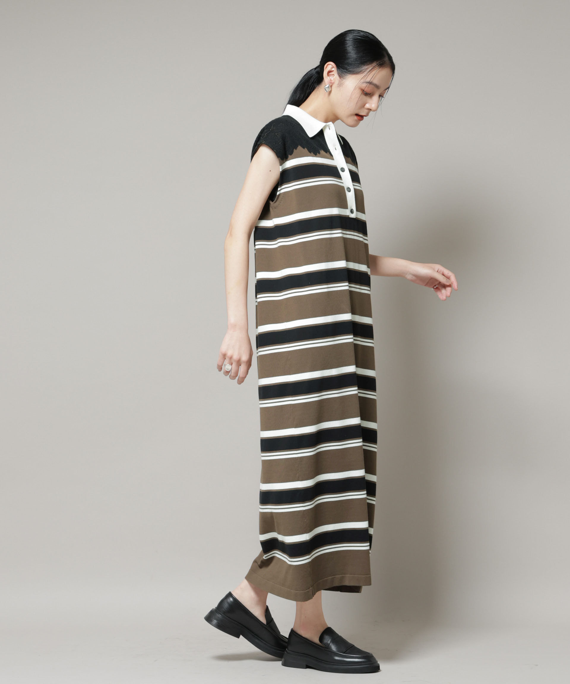 nano･universe「コットンボーダーレース編みポロニットワンピース」|ワンピース|