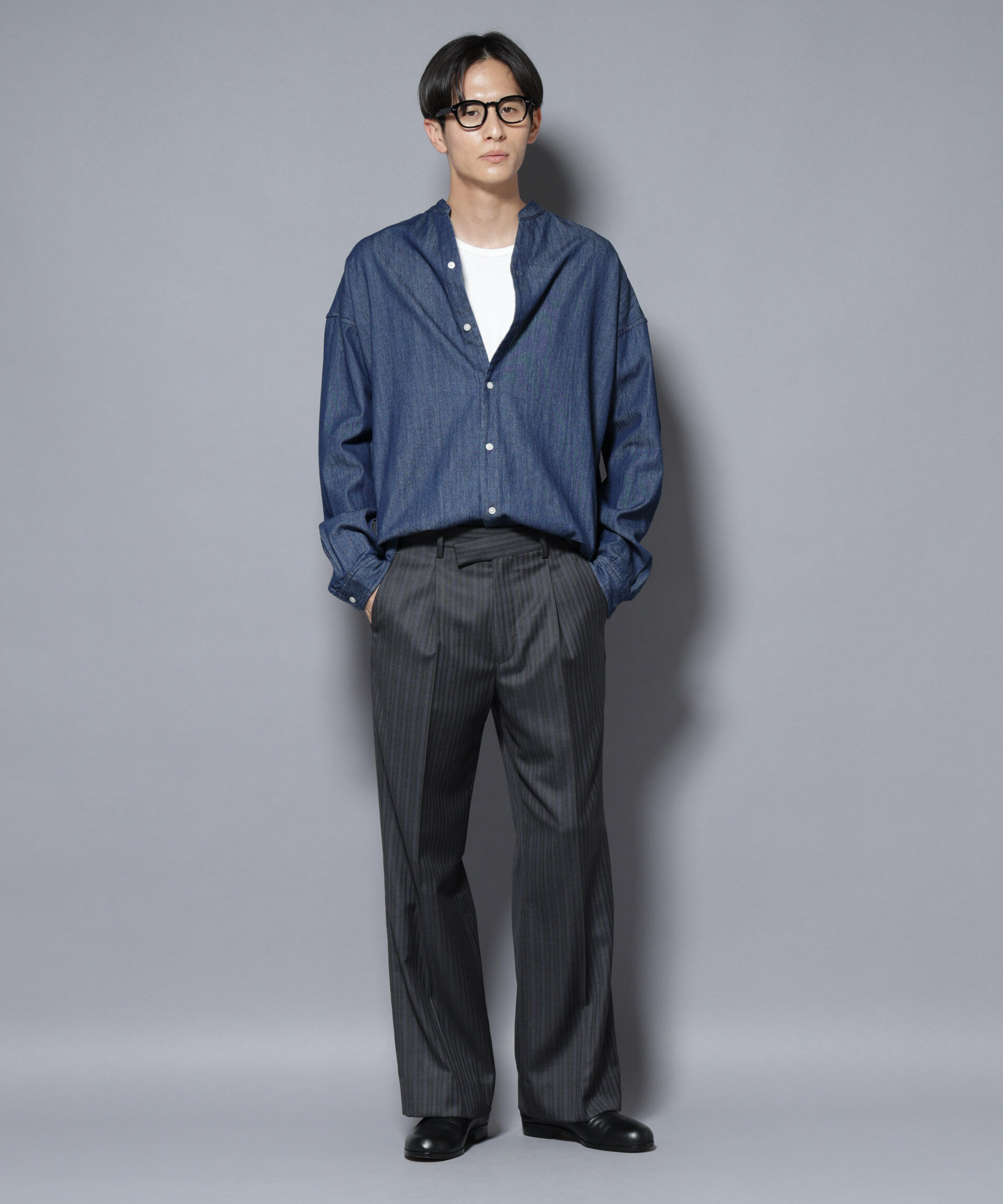 nano･universe「「大人のワイドシャツ」バンドカラーデニム 長袖」|シャツ・ブラウス|