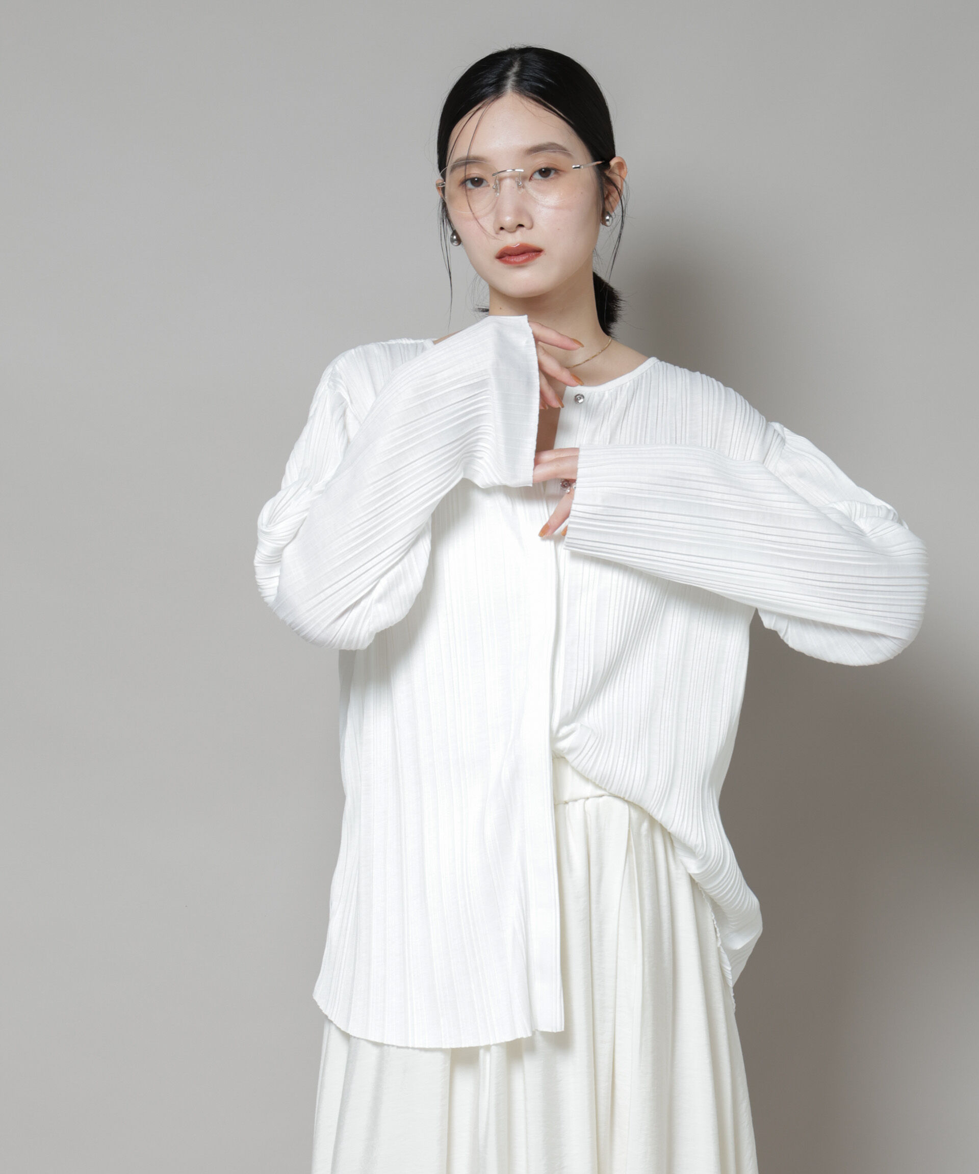 nano･universe「プリーツカットスナップシャツ」|Tシャツ・カットソー|ホワイト