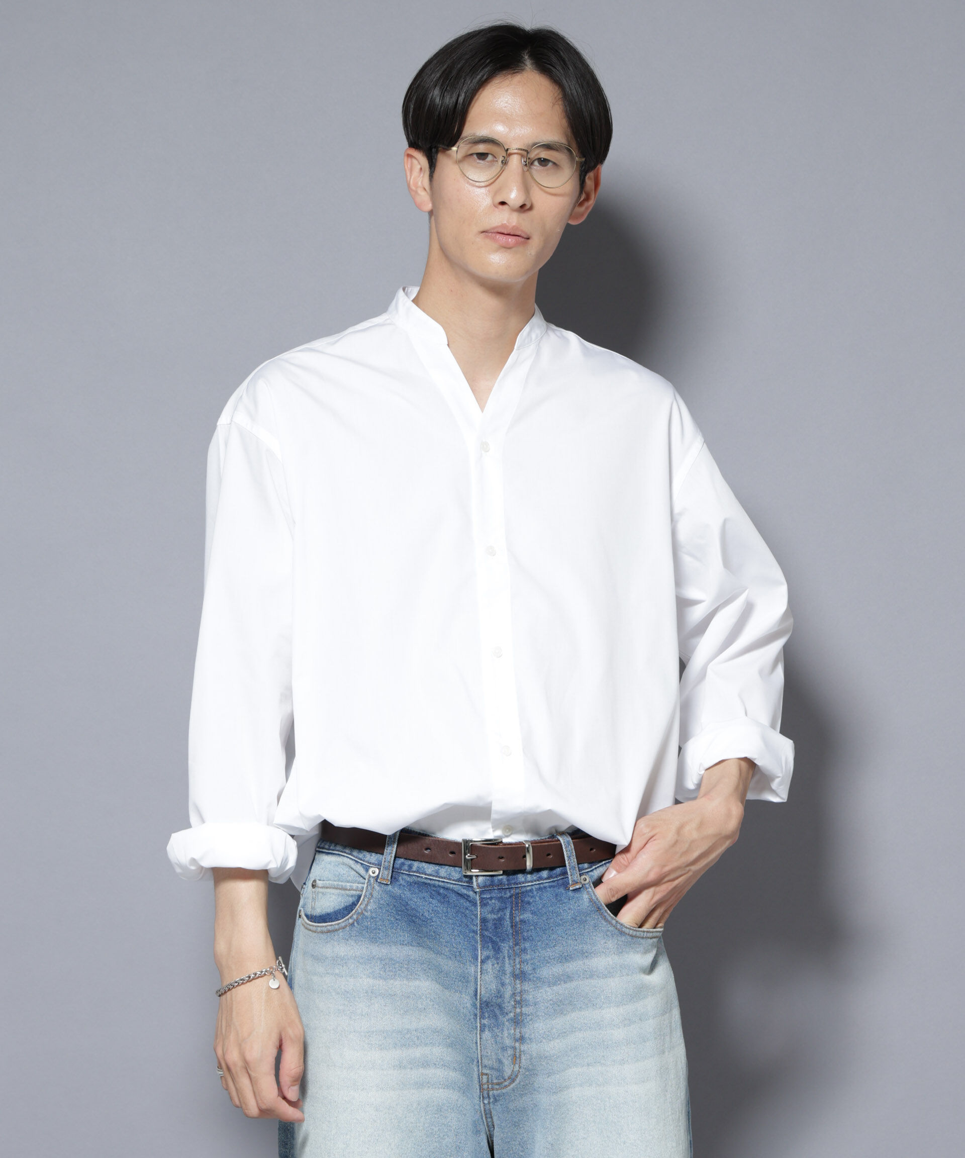 nano･universe「「大人のワイドシャツ」バンドカラー 長袖」|シャツ・ブラウス|ホワイト