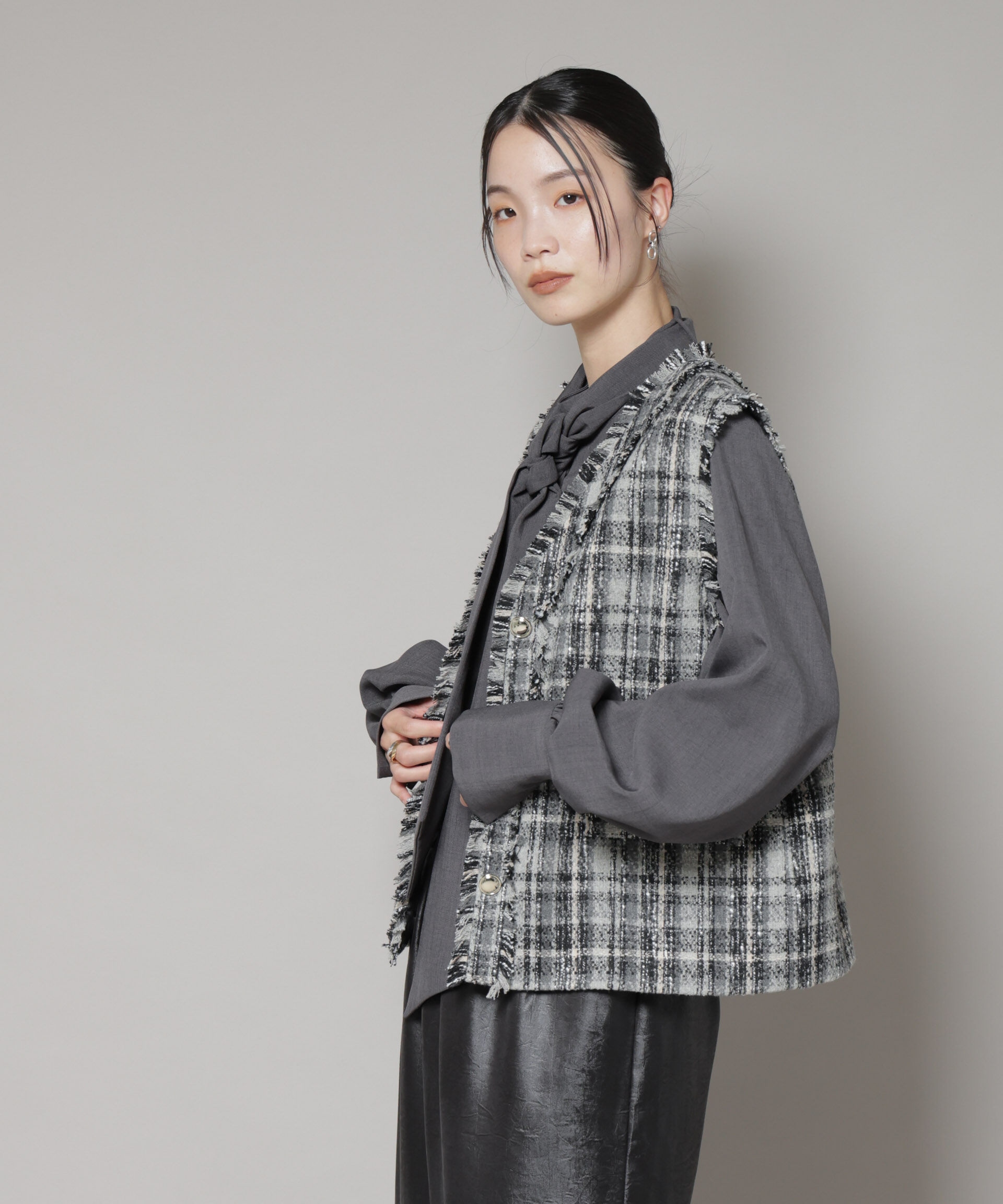 nano･universe「チェックフリンジ金ボタンジレ(セットアップ可)」|テーラードジャケット|
